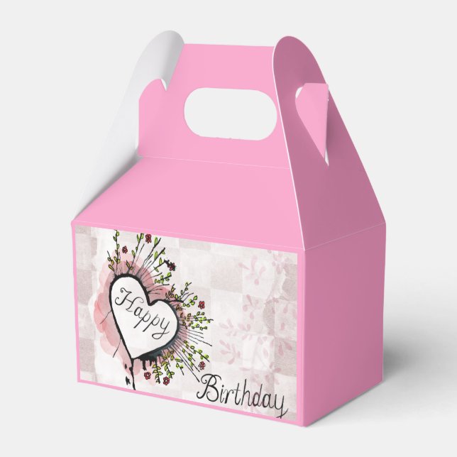 Rosa födelsedagspresentbox med blommig hjärtformad presentaskar (Framsidan Sidan)