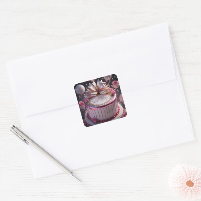 Rosa Födelselsekakfest  Fyrkantigt Klistermärke (Kuvert)