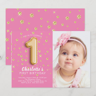 Rosa Foil Balloon Photo 1st Birthday Call Inbjudningar