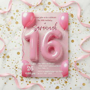 Rosa folieballongtypografi Sweet 16 födelsedag Inbjudningar