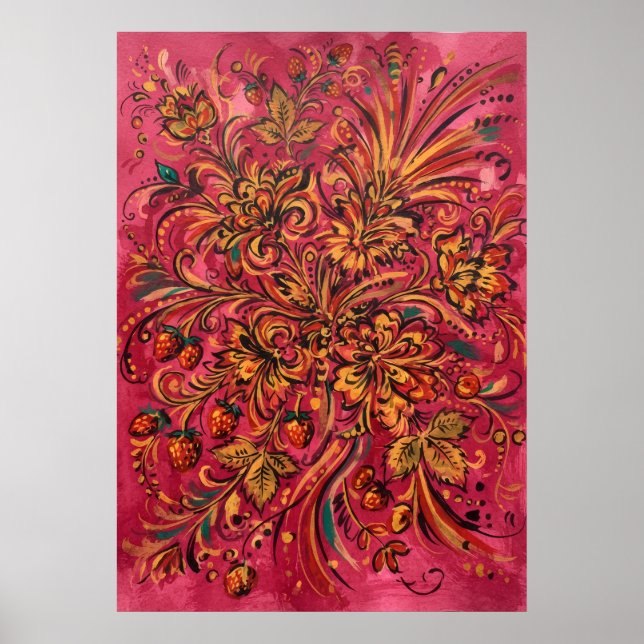 Rosa folkblomma jordgubb poster (Framsidan)