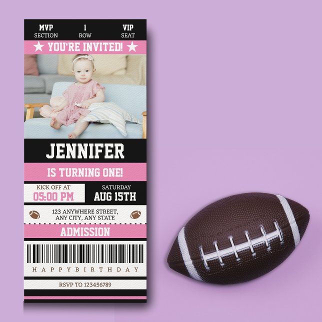 Rosa Football Biljett Girl Födelsedagsfest Photo Inbjudningar (Skapare uppladdad)