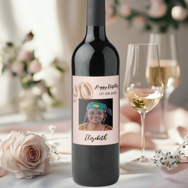 rosa för 90:e födelsedag ro guld vinflaska etikett (Skapare uppladdad)