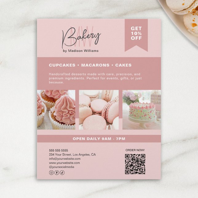 Rosa för Anpassningsbar av Logotyp i bakverk Reklamblad (Bakery Custom Monogram Logo Pink Flyer)