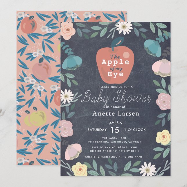 Rosa för Apple Black Chalkboard Blommigt Baby Show Inbjudningar (Fram/baksida)