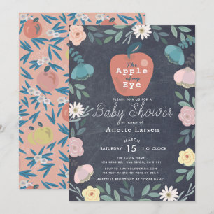 Rosa för Apple Black Chalkboard Blommigt Baby Show Inbjudningar