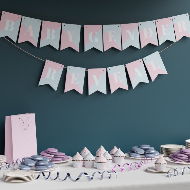 Rosa för att visa gender och daglig, modern babyst vimplar (Pink and Blue Bunting Flags for your Gender Reveal Baby Shower)