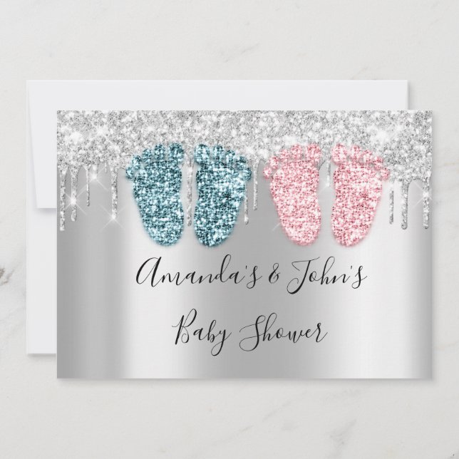 Rosa för Baby Shower Drivers Silver FeetTwins Boy  Inbjudningar (Baksida)