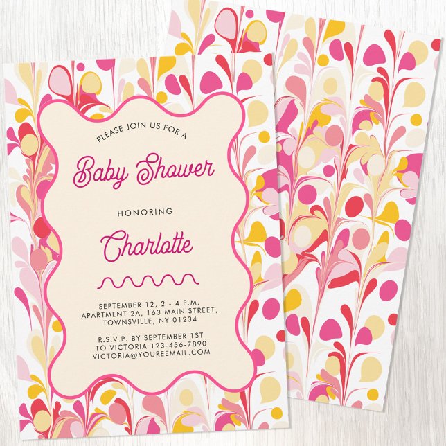 Rosa för barn i modern Retro-Abstrakt Inbjudningar (Modern retro pink and yellow abstract wavy baby shower invitation with custom personalized text)