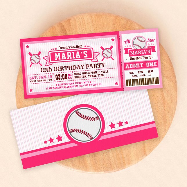 Rosa för Baseball Biljett-pass-födelsedagsinbjudan Inbjudningar (Skapare uppladdad)