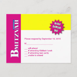 Rosa för bat mitzvah Magaine OSA Reply Card-Gult Inbjudan Vykort