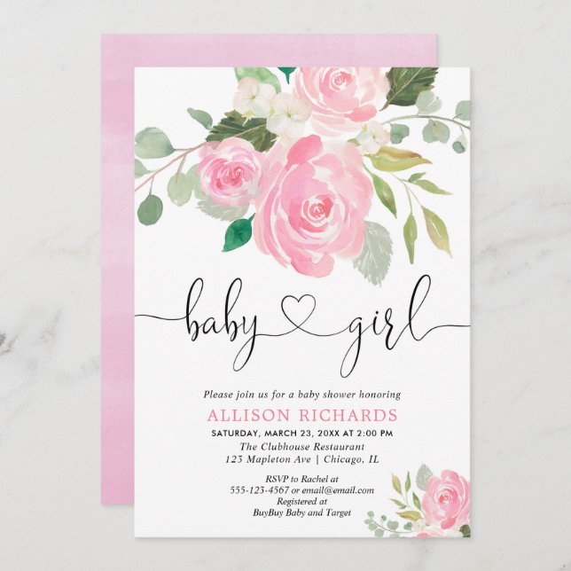  rosa för blommigt av babydusch inbjudningar (Fram/baksida)