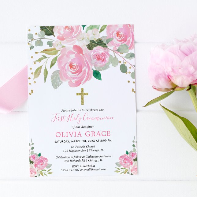 Rosa för blommigt av vattenfärger för första Helig Inbjudningar (Skapare uppladdad)
