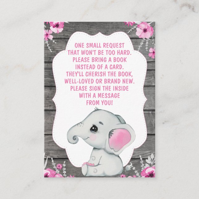 Rosa för Bok Request Card Girl Elephant Shower  Tilläggskort (Framsida)