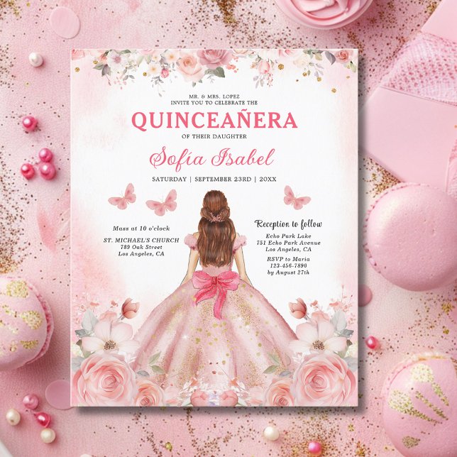 Rosa för budgetBlommigt Bilingual Spain Quinceaner Flygblad (Skapare uppladdad)