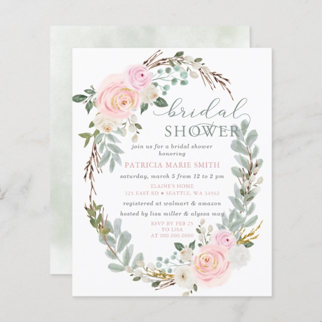 Rosa för budgetförsäljning Blommigt Inbjudningskor (Fram/baksida)