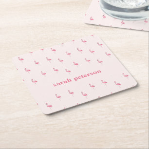 Rosa för eget namn för Cute rosa flamingo Underlägg Papper Kvadrat