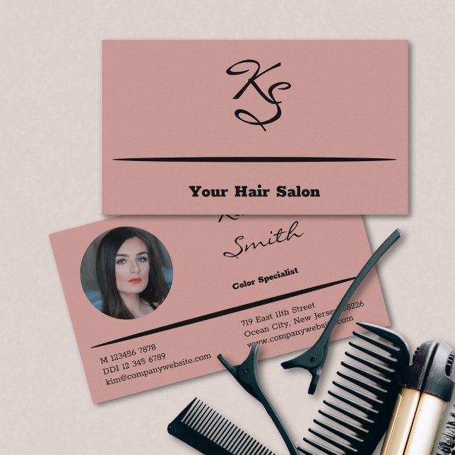 Rosa för elegant Initialer Hair Stylist Visitkort (Elegant Script Initials Hair Stylist Pink Business Card)