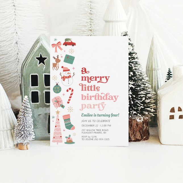 Rosa för en god Födelsedagsfest Inbjudningar (A Merry Little Birthday Party pink and red invitation for girl December Christmas Holiday birthday)