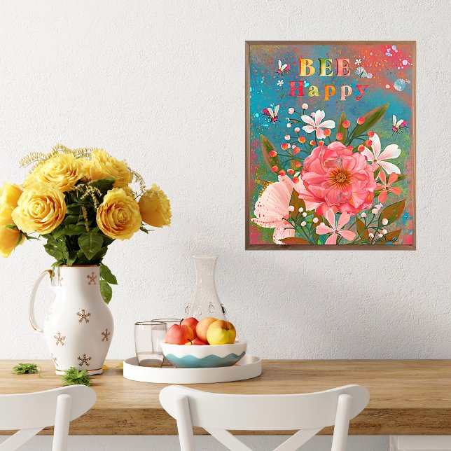 Rosa för färgstarka Blommigtar Poster (Colorful vibrant florals on a blue green mixed media background with lots of dreamy details with ins)