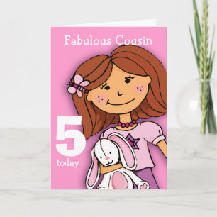 Rosa för flickaktigt av flickkusin 5-årsfödelsedag kort