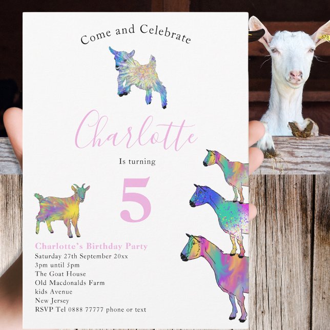 Rosa för Födelsedagsfest av getfärgsfärg Inbjudningar (Cute goats colorful farm animal watercolor art 5th birthday party invitation )