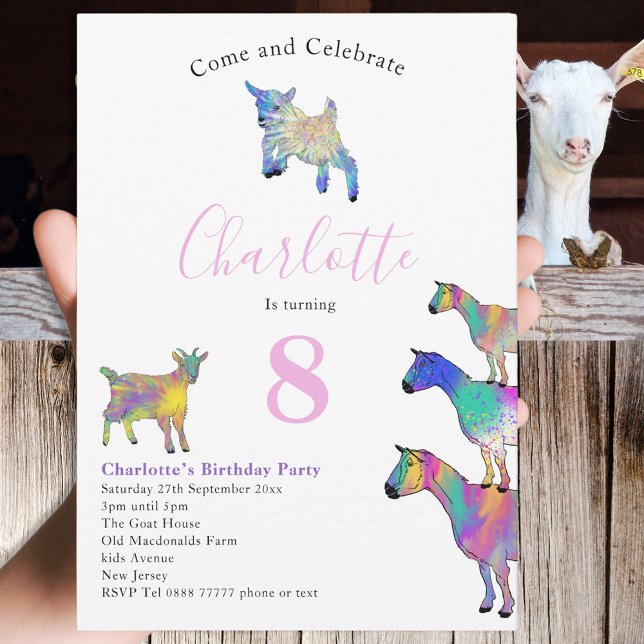 Rosa för Födelsedagsfest av getfärgsfärg Inbjudningar (Cute goat 8th birthday party  invitation colorful watercolor farm animals )