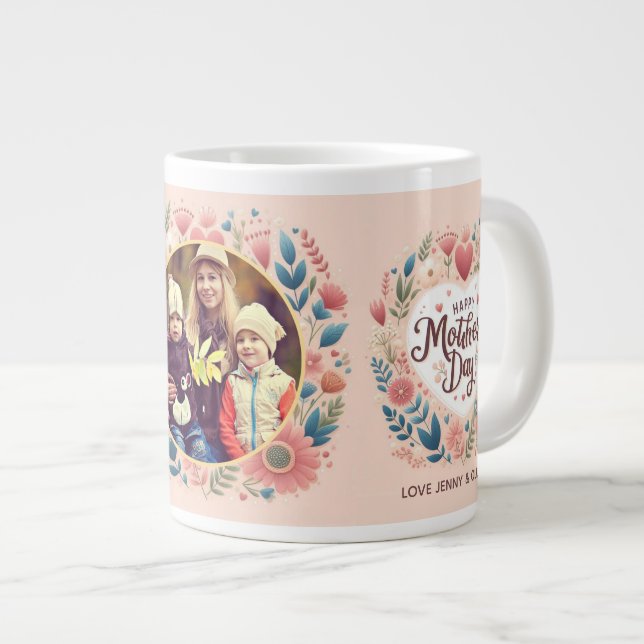 Rosa för foto-Blommigt i lycklig Mors dag Jumbo Mugg (Framsida höger)