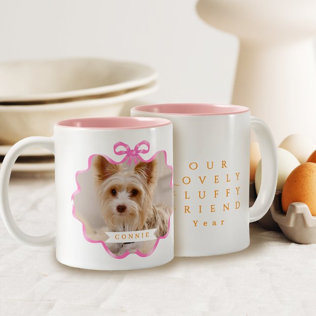 Rosa för foto till foto på band-band Två-Tonad mugg (Bow Ribbon Pet Memory Photo Pink Two-Tone Coffee Mug)