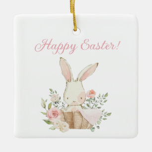 Rosa för Glad påsk Script Watercolor Bunny Rabbit Julgransprydnad Keramik