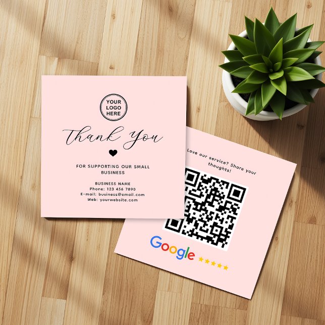 Rosa för Google Review QR Tack Square Fyrkantigt Visitkort (Skapare uppladdad)