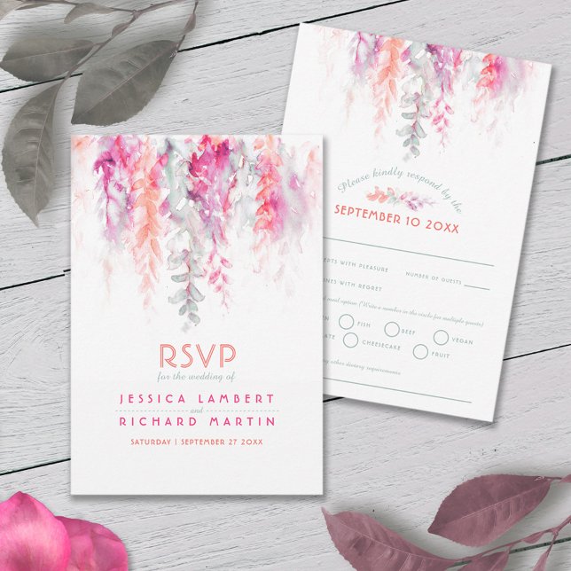 Rosa för grönt av  av vattenfärgsaskad i bröllop OSA kort (Skapare uppladdad)