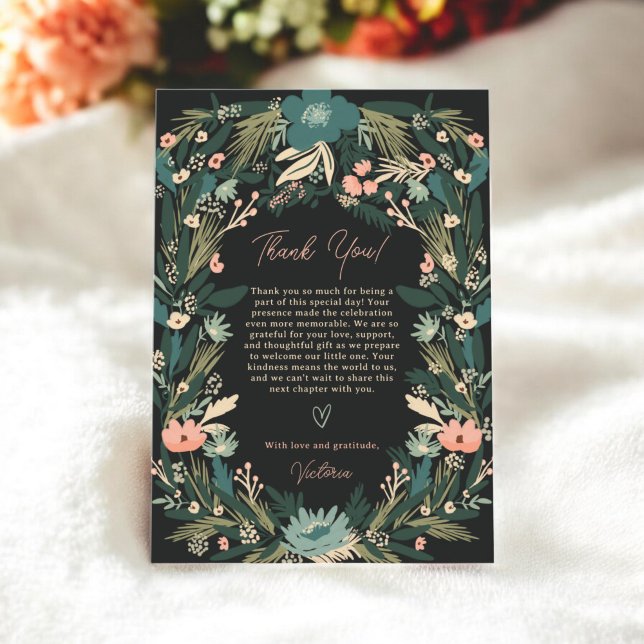 Rosa för Grönt av Blommigt för Whimsical Elegant   Tack Kort (Whimsical Elegant Green Pink Floral Baby Shower Thank You Card)