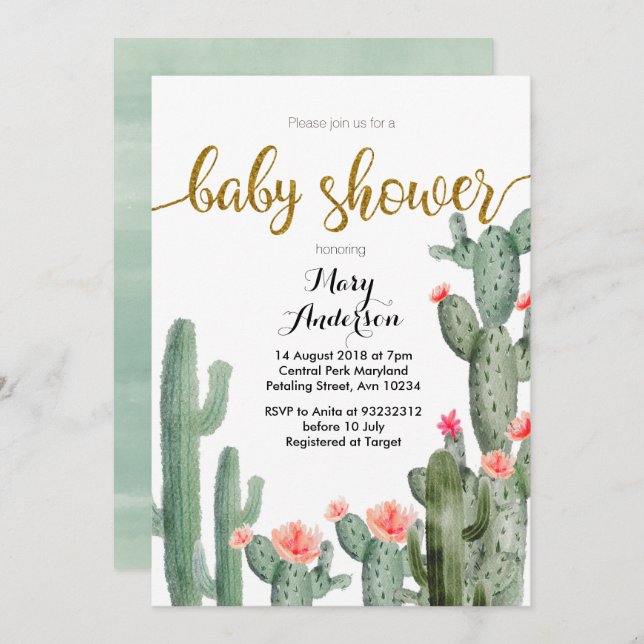 Rosa för guld Succulent sommar Baby Shower-inbjuda Inbjudningar (Fram/baksida)