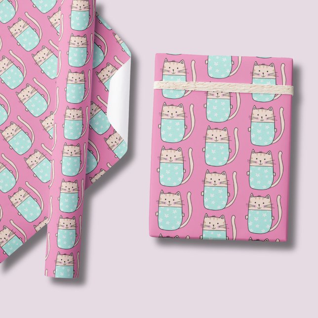 Rosa för kattflickor presentpapper (Floral cute kitty cat pink wrapping paper rolls.  Matching items available.)