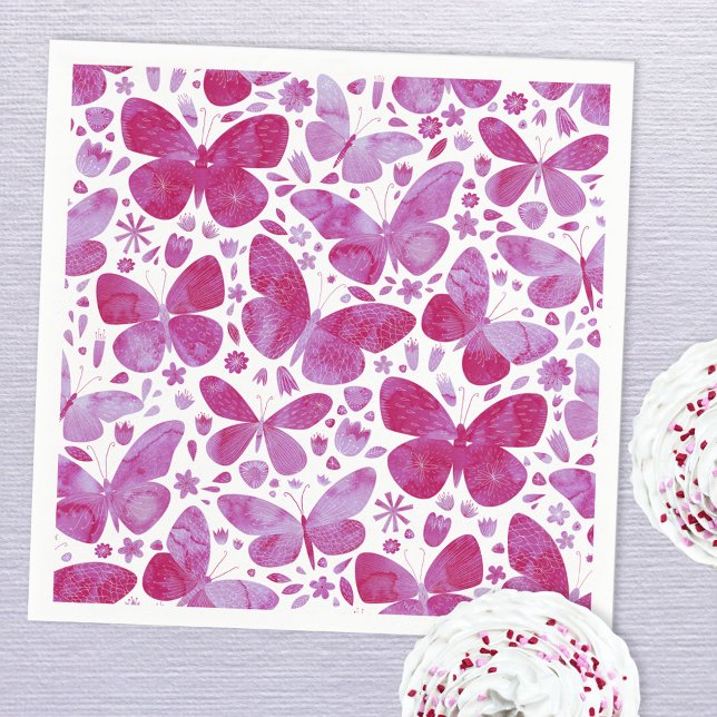 Rosa för Magenta av fjärilsvattenfärg Pappersservett (Magenta hot pink watercolor butterfly pattern paper napkins)