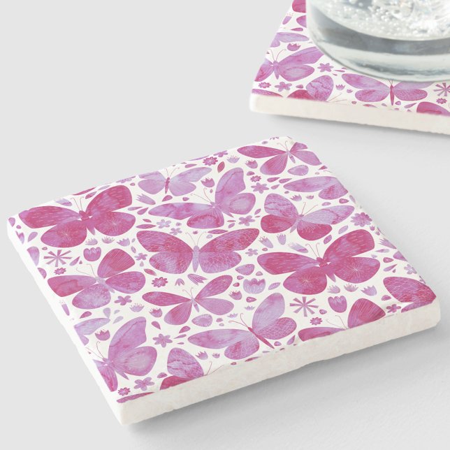 Rosa för Magenta av fjärilsvattenfärg Stenunderlägg (Magenta hot pink watercolor butterfly pattern stone coasters)
