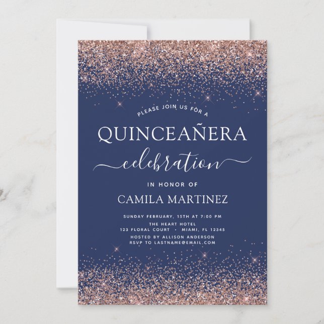  Rosa för marinblå Quinceanera Ro Guld Inbjudningar (Framsida)