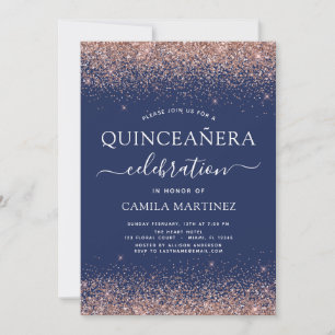 Rosa för marinblå Quinceanera Ro Guld Inbjudningar