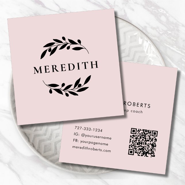  Rosa för minimal botanisk QR-kod Fyrkantigt Visitkort (Minimalist Botanical Olive Branches QR Code Blush Pink Square Business Card)