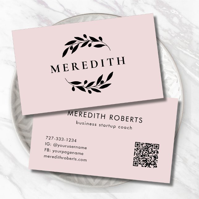  Rosa för minimal botanisk QR-kod Visitkort (Minimalist Botanical Olive Branches QR Code Blush Pink Business Card)