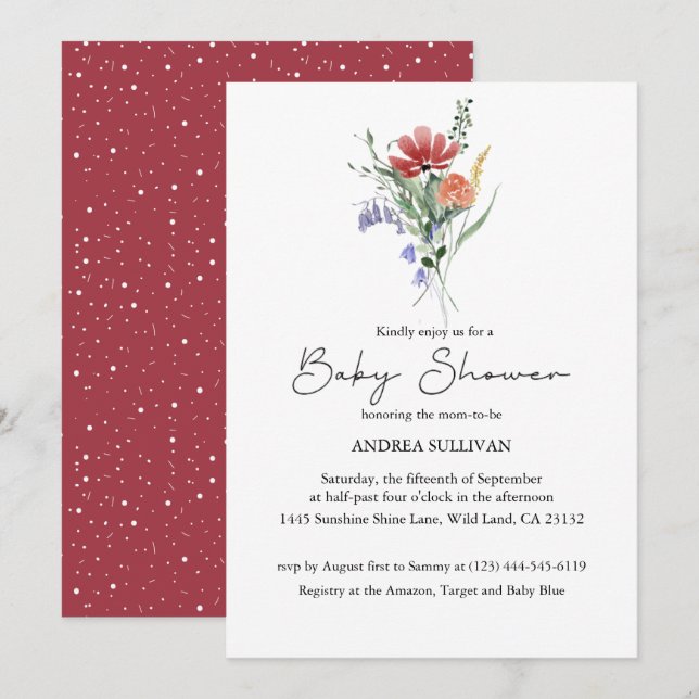 Rosa för minimalistisk Wildblomma-Mörk, babykläder Inbjudningar (Fram/baksida)