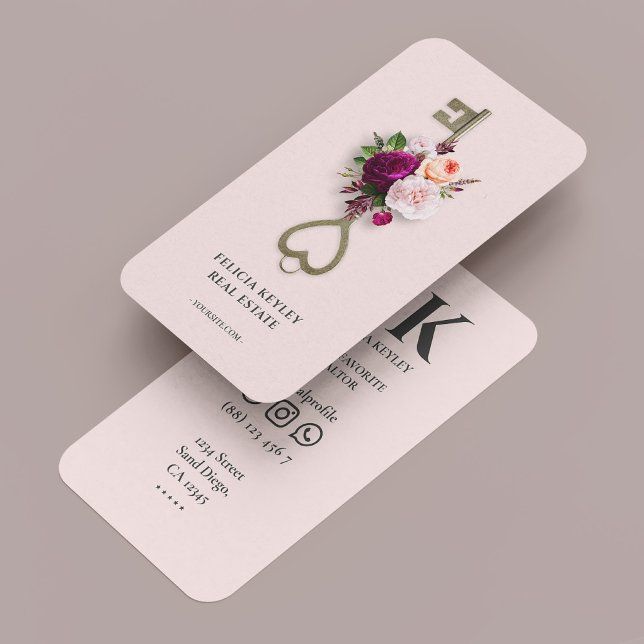 Rosa för Modern Realtor Blommigt Nyckel Mortgage B Visitkort (Modern Realtor Floral Monogram Real Estate Agent B Business Card
)
