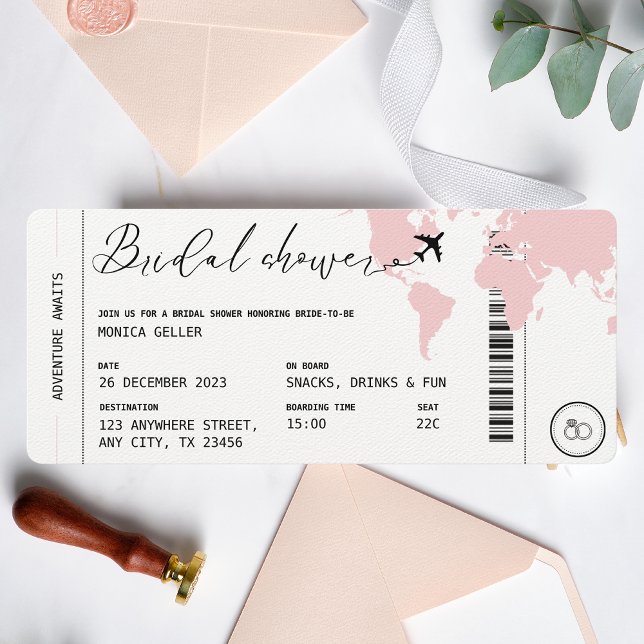  Rosa för Möhippa av ombordstigning Inbjudningar (Bridal Shower Boarding Pass Blush Pink Travel Themed Invitation)