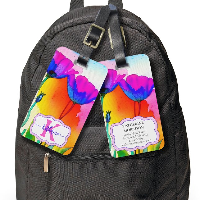 Rosa för Monogram Watercolor Blommigt Anpassningsb Bagagebricka (Custom Monogam Floral Luggage Tags with Initial, Name, Contact Info, and Bright Poppies.)