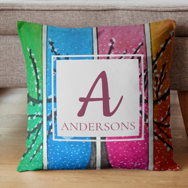 Rosa för Orange av söt  för färgstark blå Grönt |  Kudde (Pretty Colorful Blue Green Orange Pink | Monogram Throw Pillow)