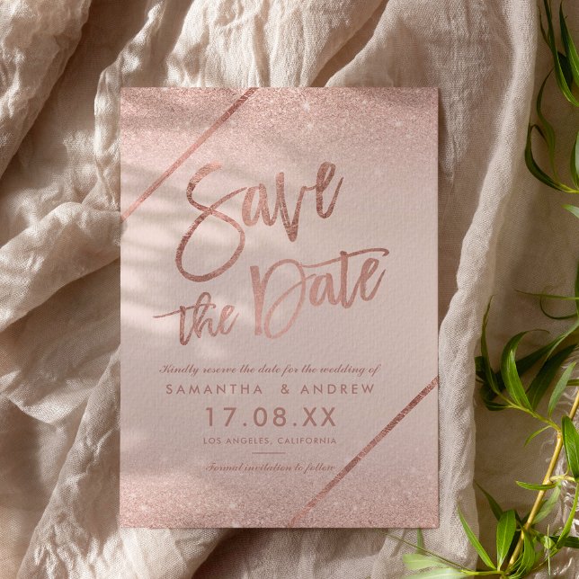  rosa för skriptet ro guld glitter sparar datumet spara datumet (Rose gold glitter script blush pink save the date)