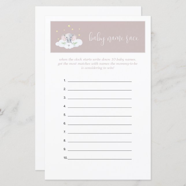 Rosa för spel för elphant Baby Shower Game Guessin (Fram/baksida)