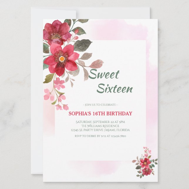 Rosa för Sweet sixteen av elegant röd Blommigt Inbjudningar (Framsida)