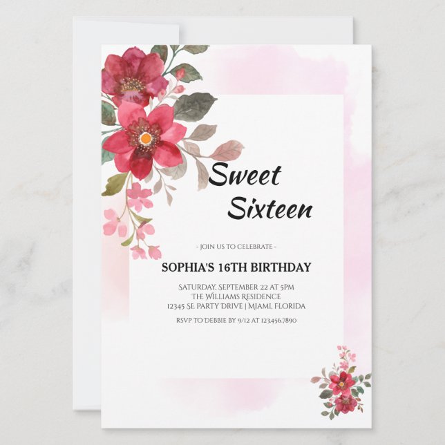 Rosa för Sweet sixteen av elegant röd Blommigt Inbjudningar (Framsida)
